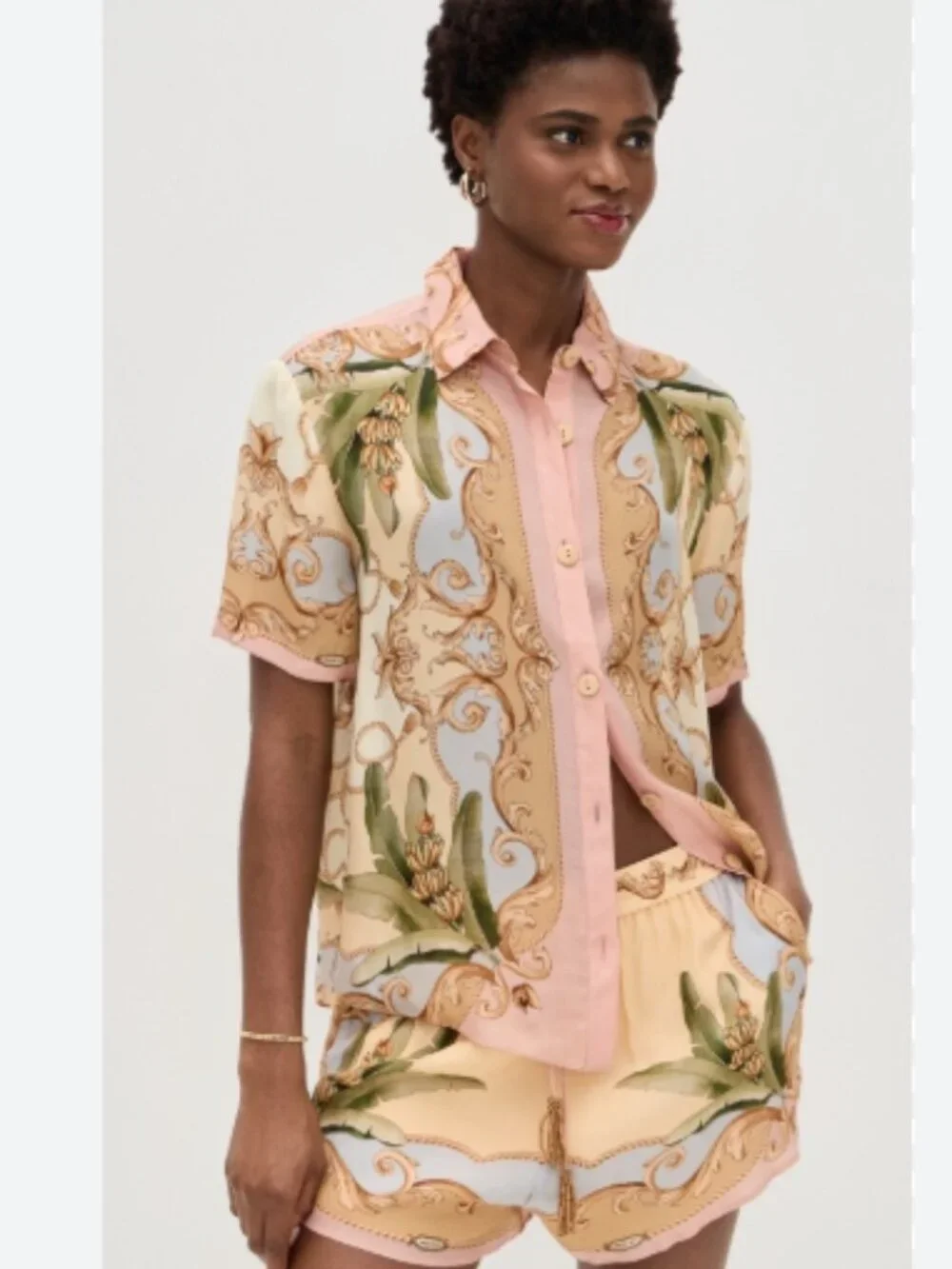 Farm Rio Banana Royalty Blouse/Shirt/Top Blush Pink Rose Gold Size Small NWOT